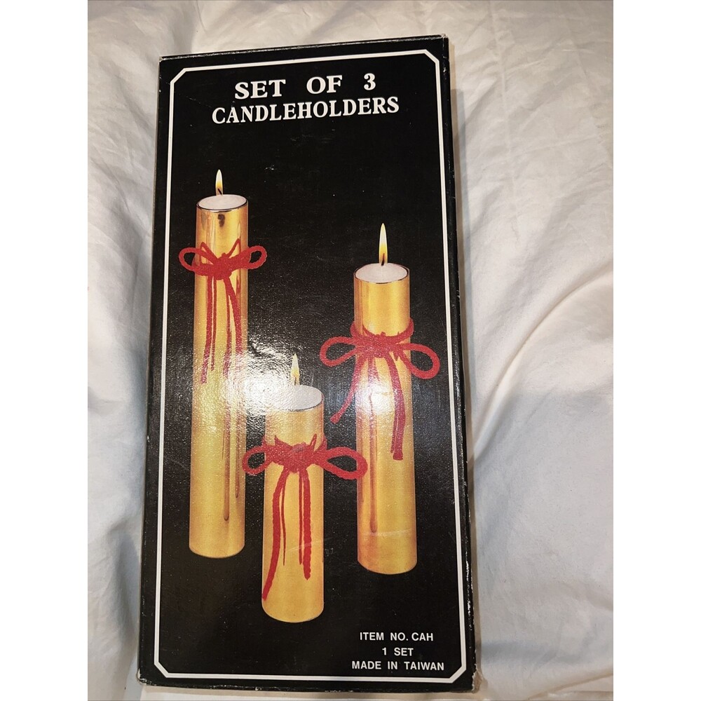 Set Of 3 Vintage Gold Tube Cylinder w/ Ribbon Christmas Tealight Candle Holders